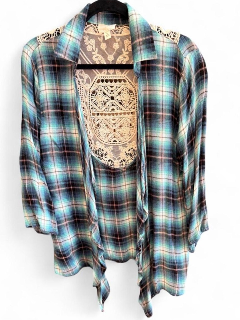 First Love Plaid Lace Back Top Women's Size Large